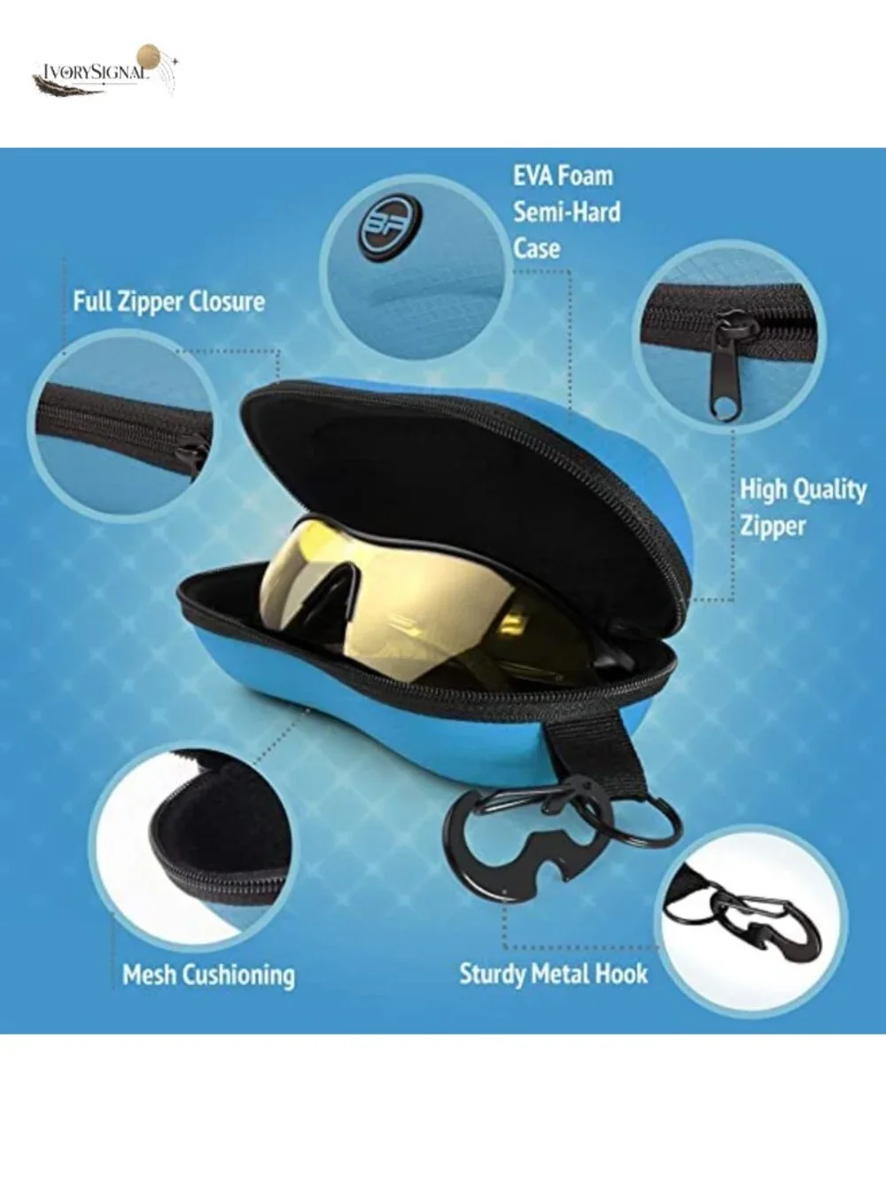 EVA Semi-Hard Sunglasses Case with Metal Belt Clip Hook, Portable Eyeglass